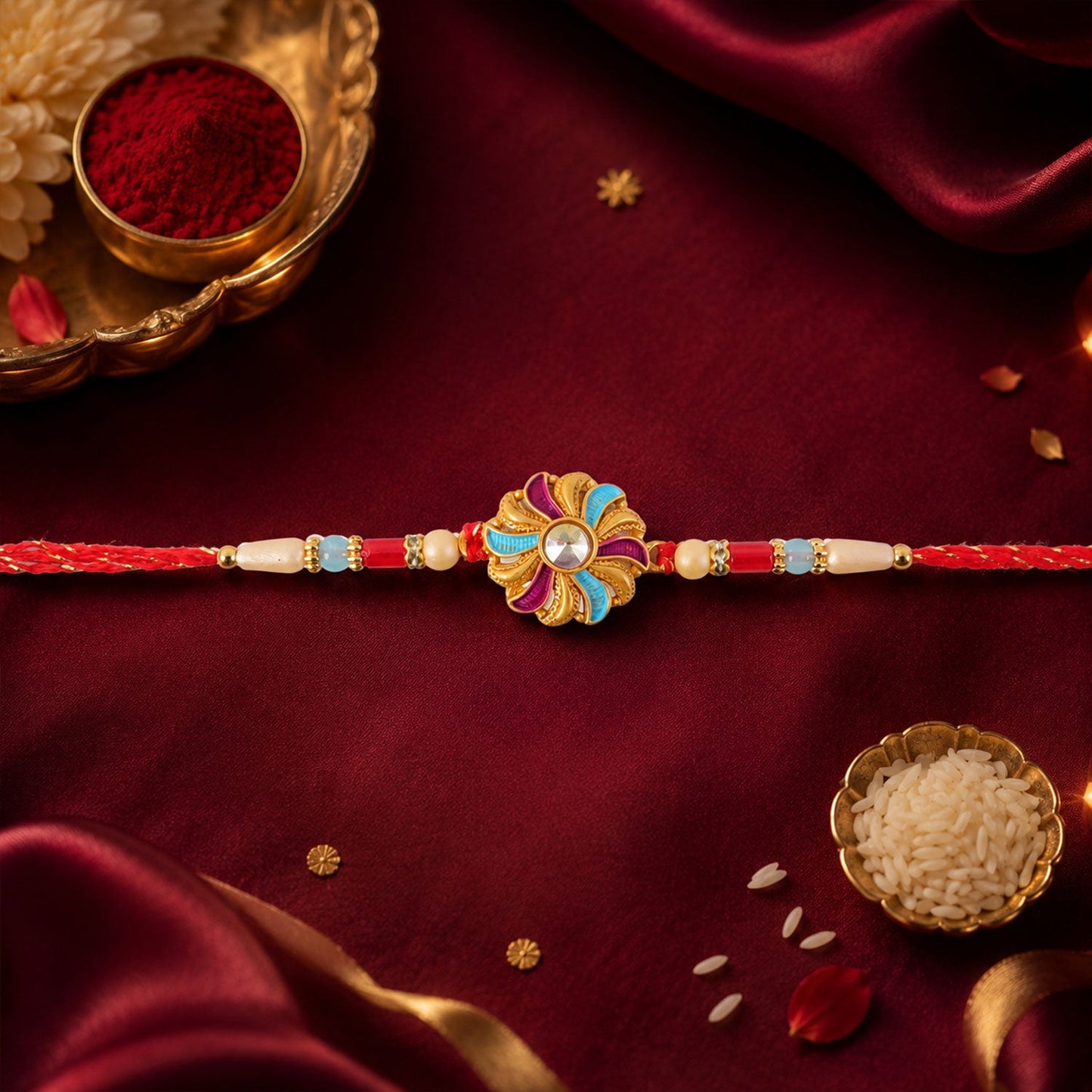 Golden Meenakari Pinwheel Rakhi with Enamel & Diamond Stone