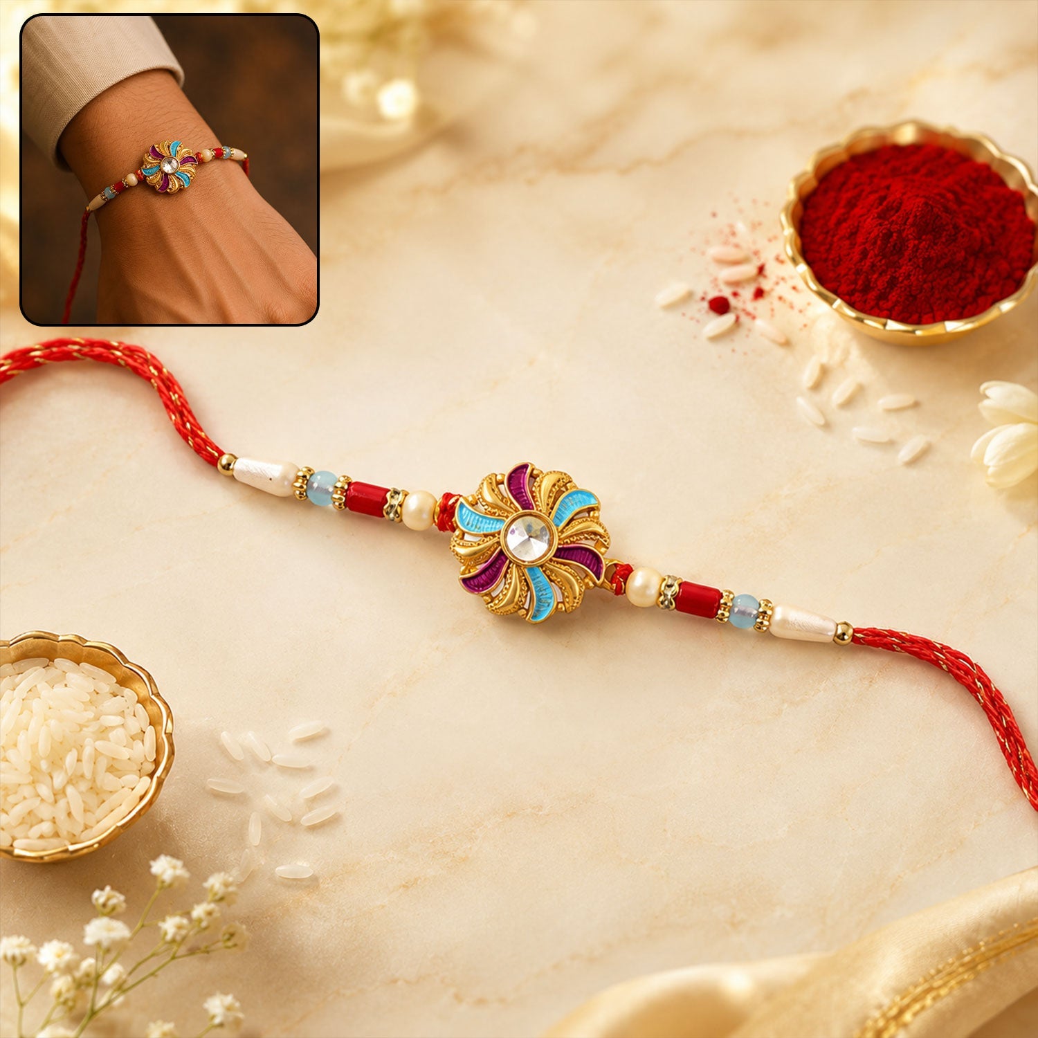 Golden Meenakari Pinwheel Rakhi with Enamel & Diamond Stone