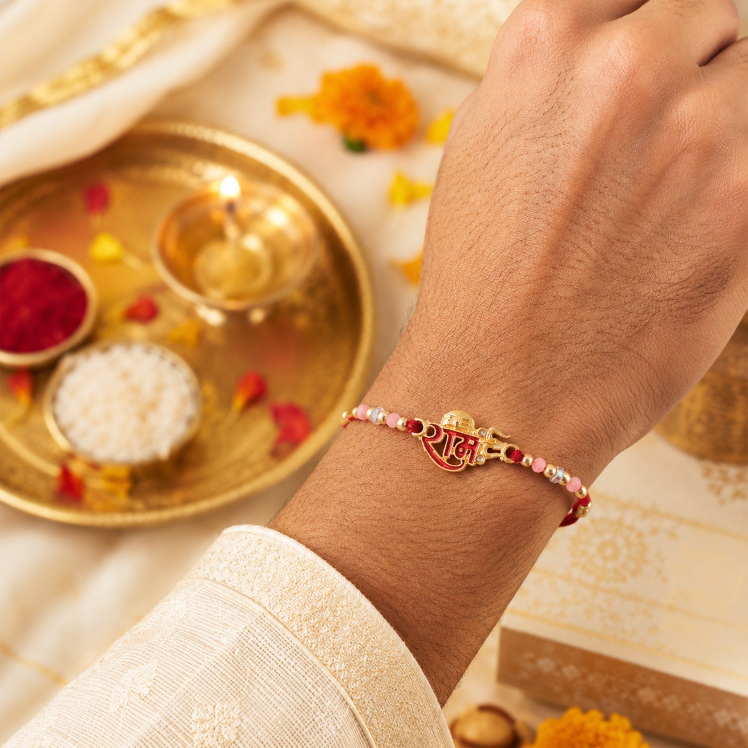 Golden Ram Naam Meenakari Rakhi with Beads for Brother