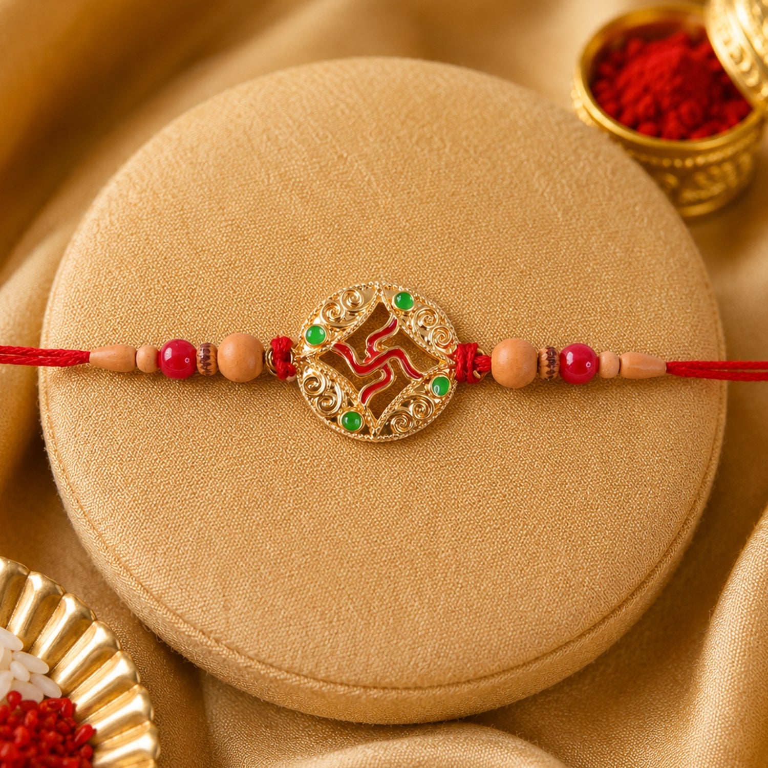 Auspicious Golden Swastik Rakhi with Wooden & Red Beads for Brother