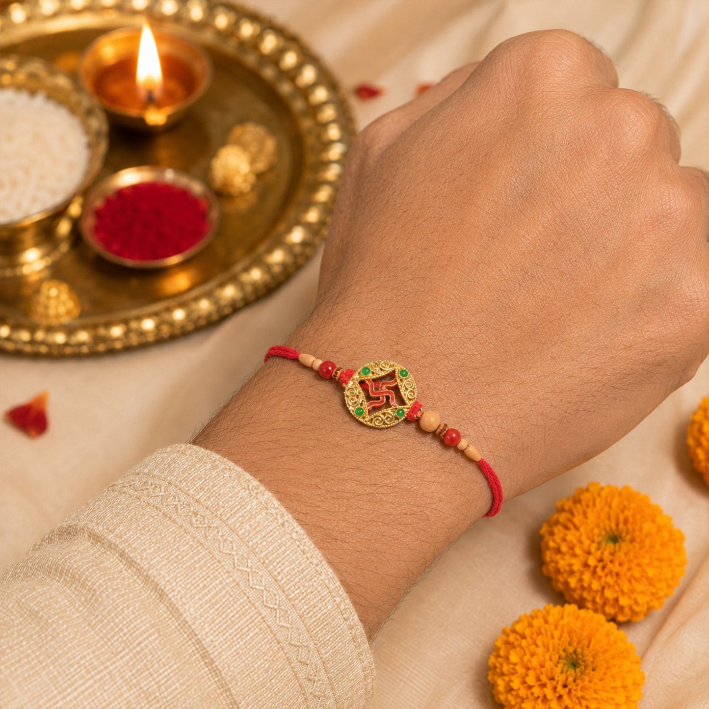 Auspicious Golden Swastik Rakhi with Wooden & Red Beads for Brother
