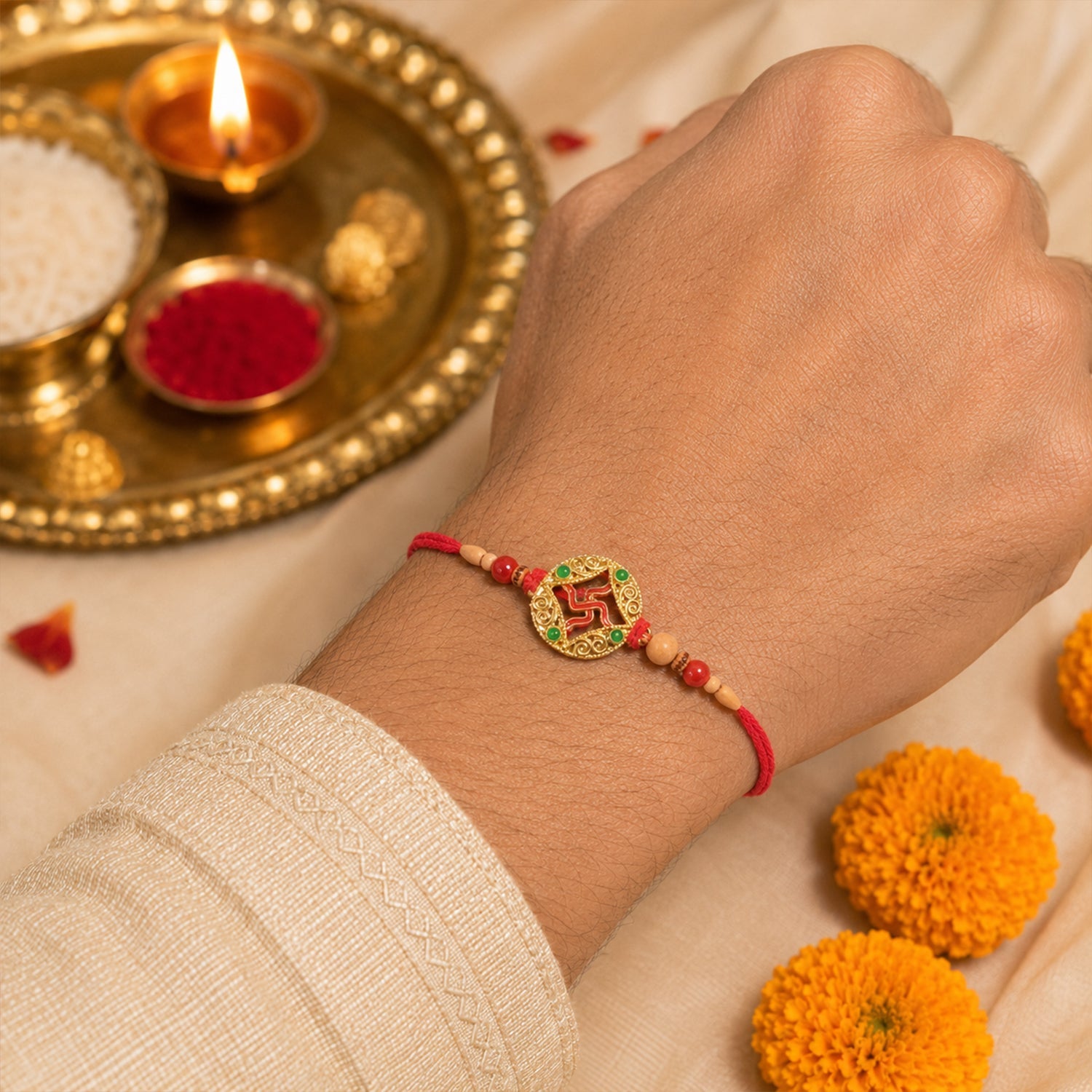 Auspicious Golden Swastik Rakhi with Wooden & Red Beads for Brother