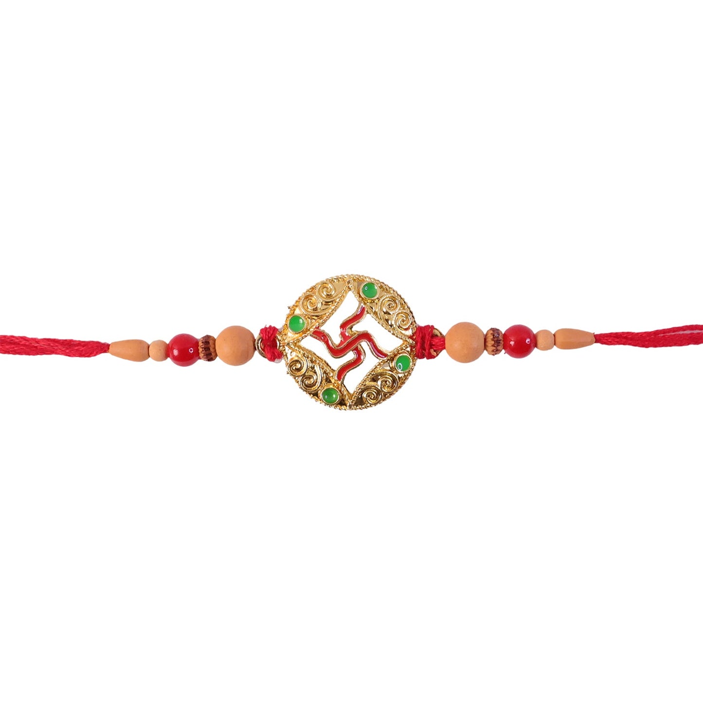 Auspicious Golden Swastik Rakhi with Wooden & Red Beads for Brother