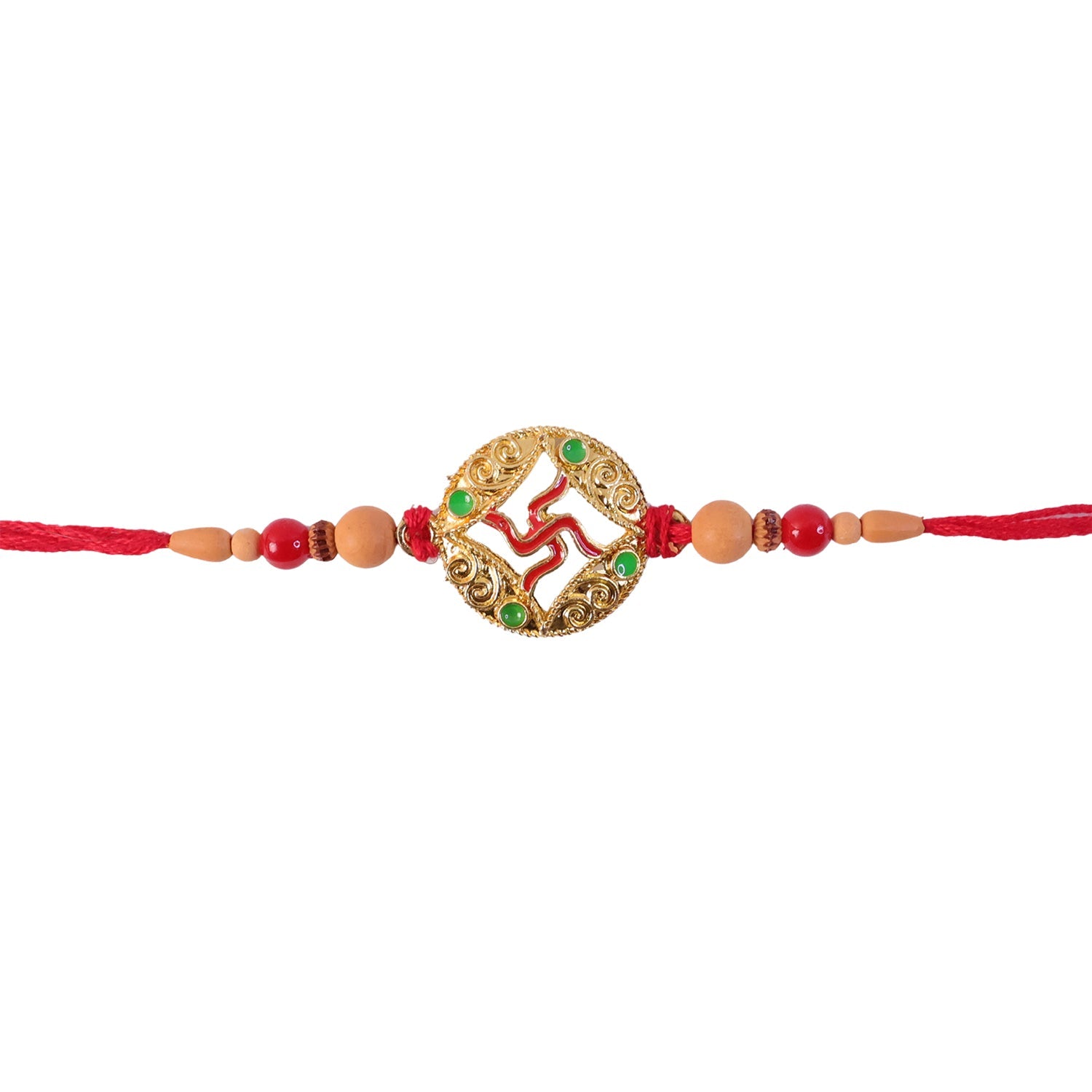 Auspicious Golden Swastik Rakhi with Wooden & Red Beads for Brother