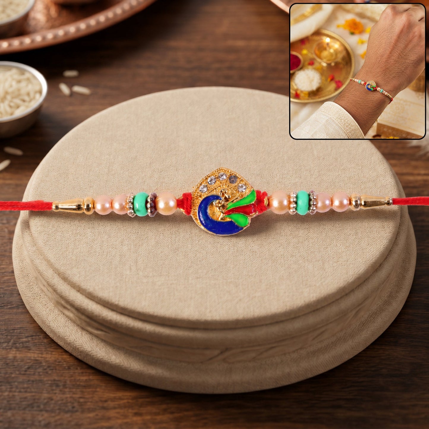 Golden Meenakari Peacock Rakhi with Pearl & Turquoise Beads for Bro