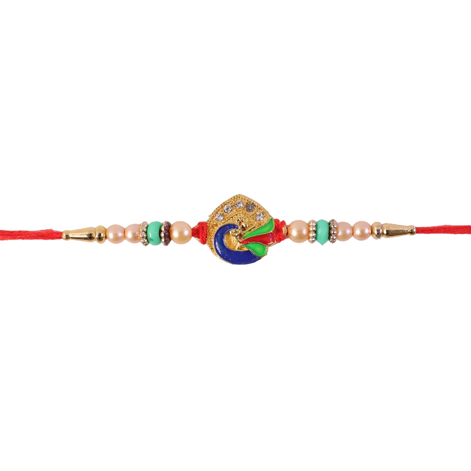 Golden Meenakari Peacock Rakhi with Pearl & Turquoise Beads for Bro