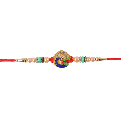 Golden Meenakari Peacock Rakhi with Pearl & Turquoise Beads for Bro