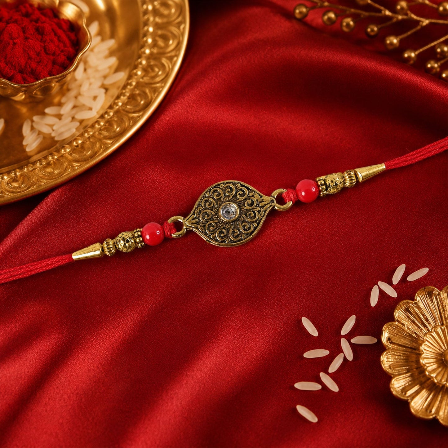 Antique Oval Rakhi with Red Crystal Beads for Brother