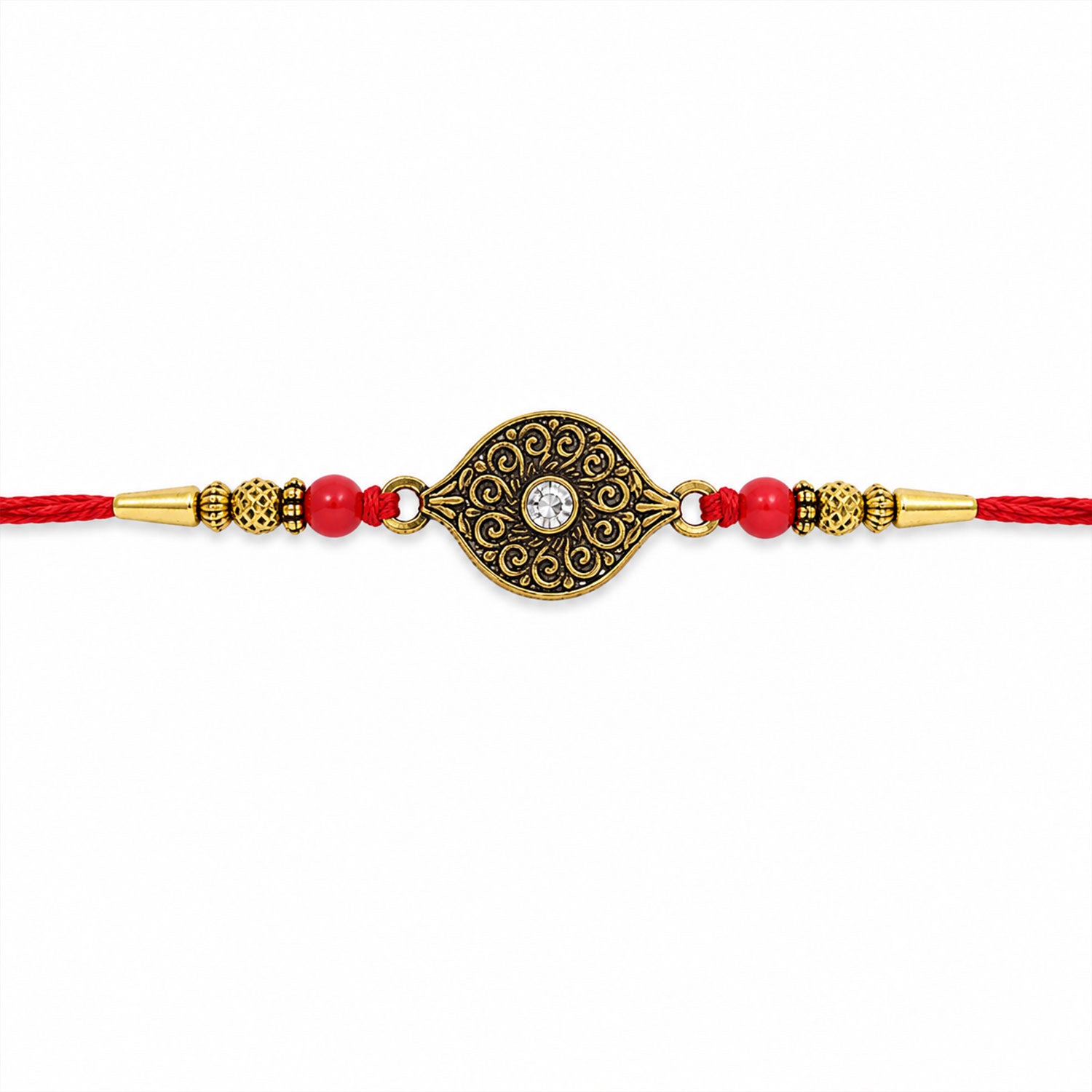 Antique Oval Rakhi with Red Crystal Beads for Brother