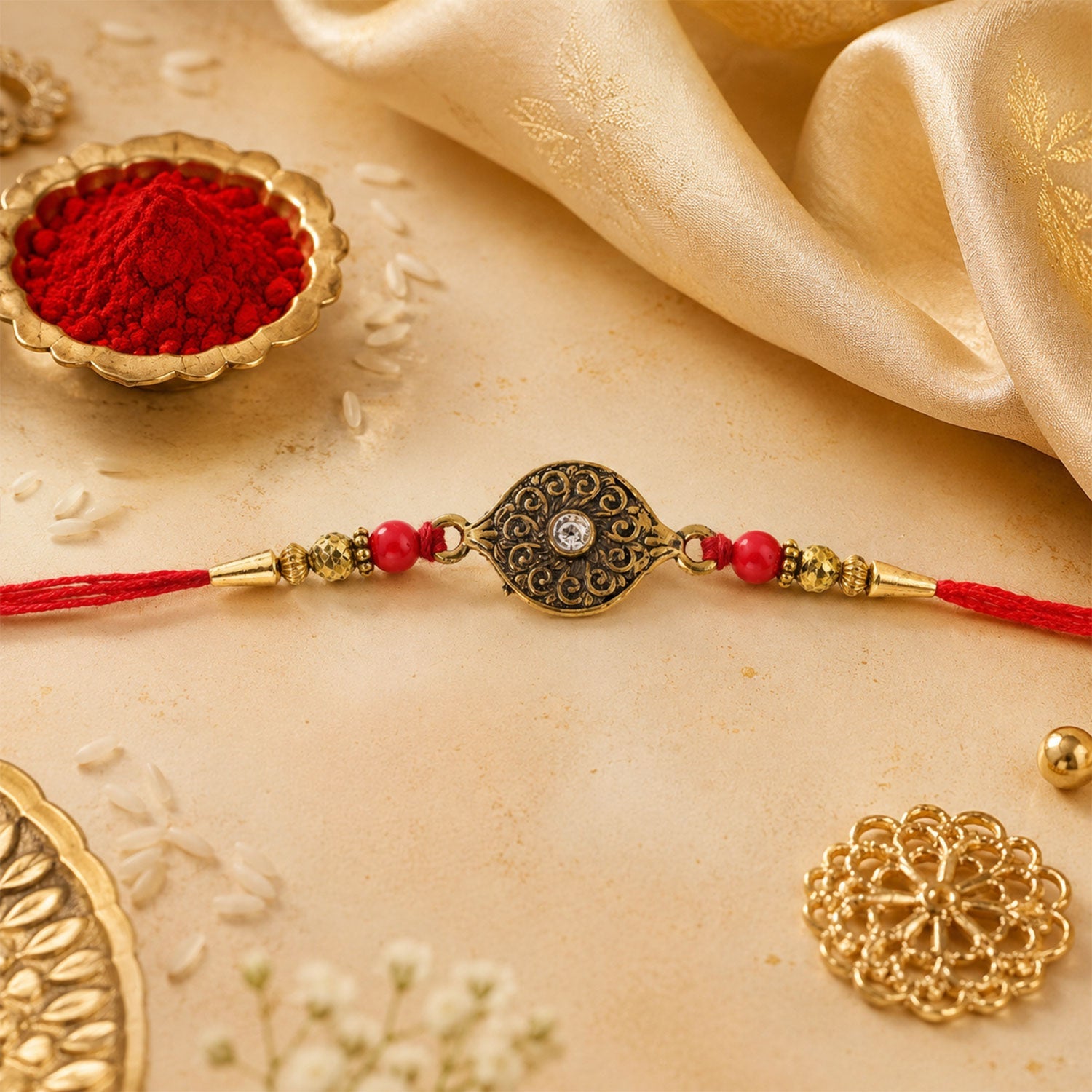 Antique Oval Rakhi with Red Crystal Beads for Brother