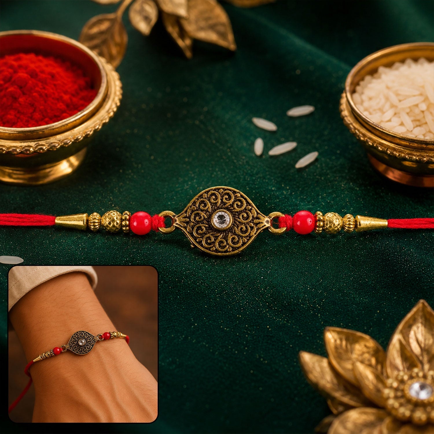Antique Oval Rakhi with Red Crystal Beads for Brother