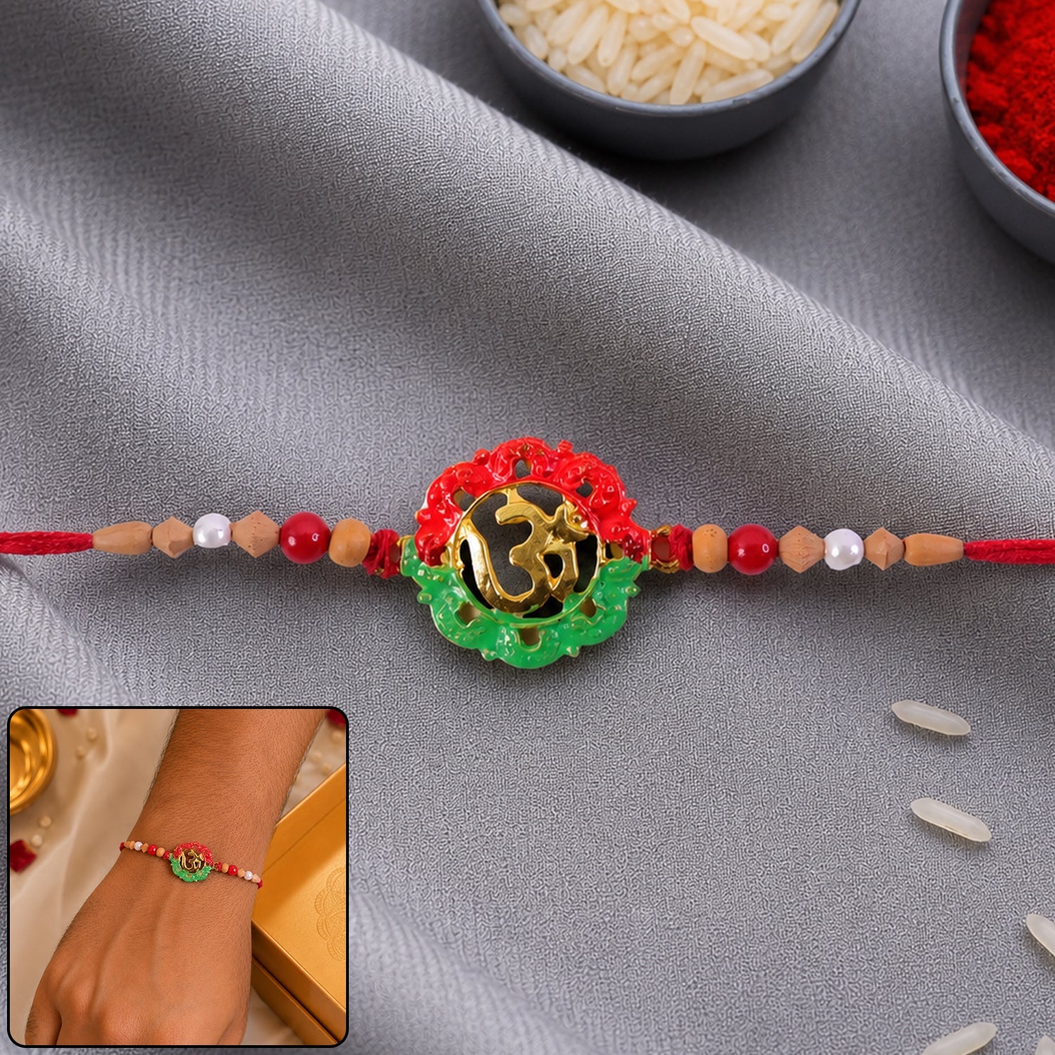 Sacred Om Meenakari Rakhi with Wooden & Pearl Beads for Brother