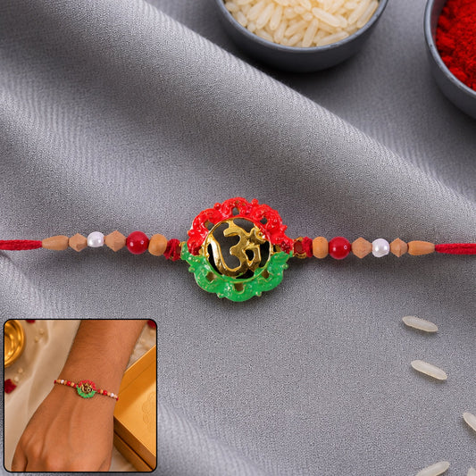 Sacred Om Meenakari Rakhi with Wooden & Pearl Beads for Brother