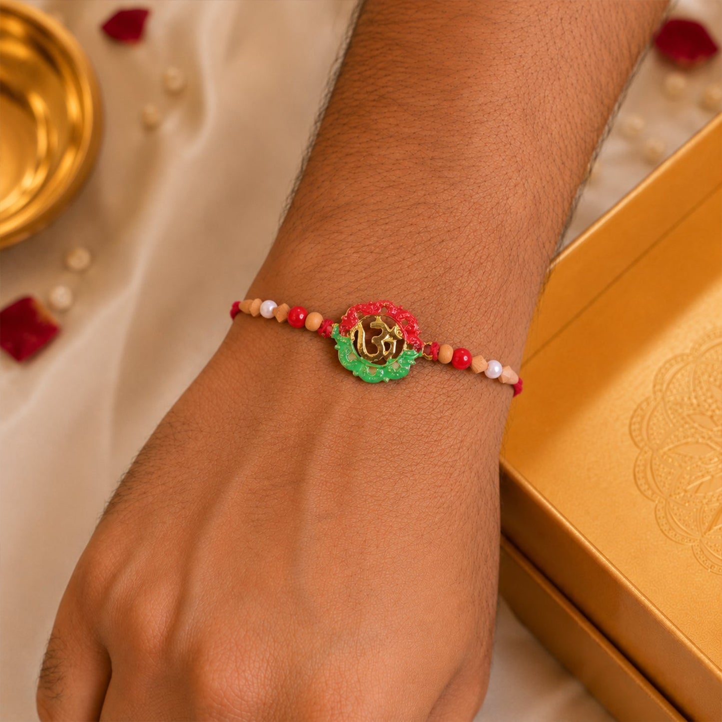 Sacred Om Meenakari Rakhi with Wooden & Pearl Beads for Brother