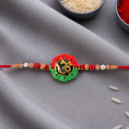Sacred Om Meenakari Rakhi with Wooden & Pearl Beads for Brother