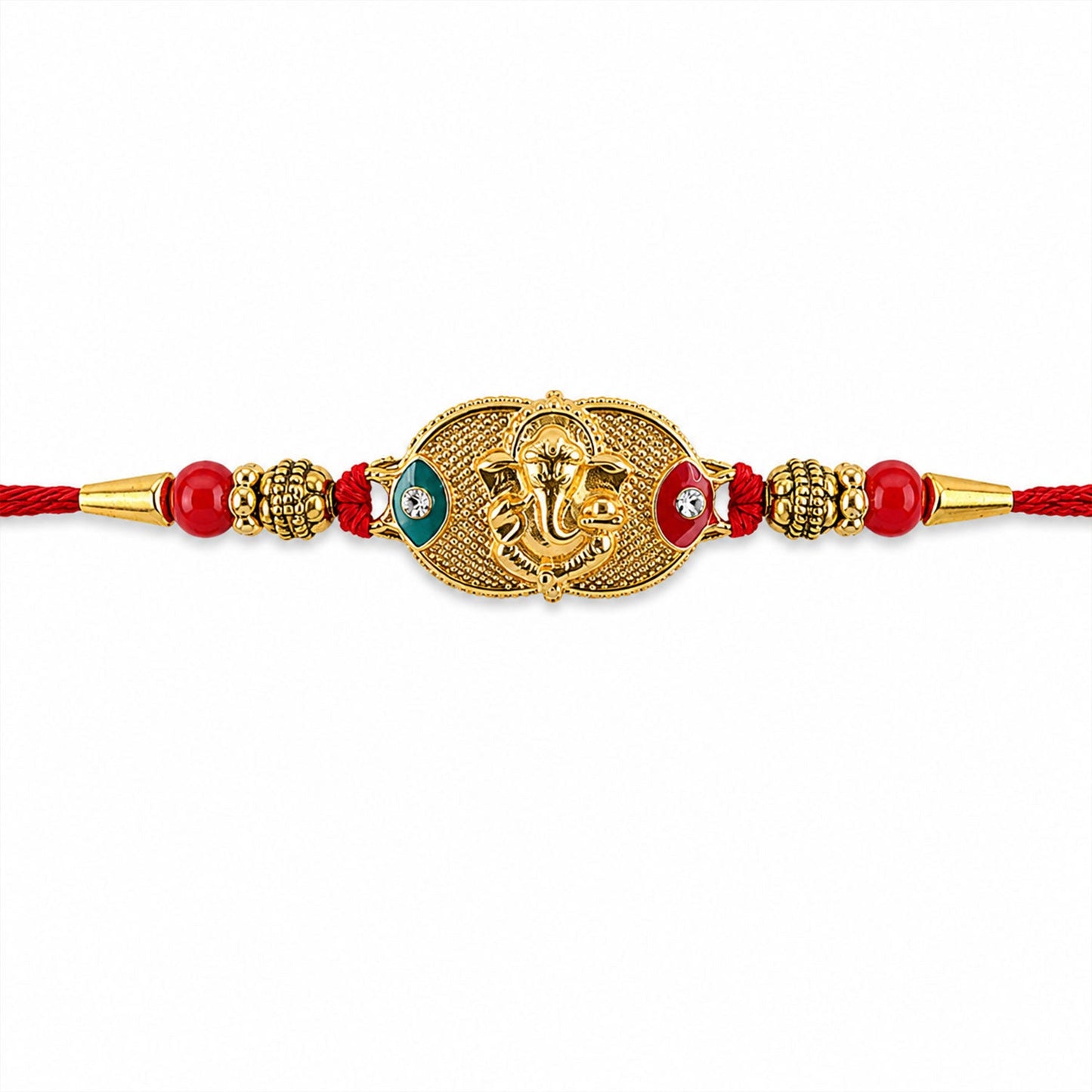 Golden Lord Ganesha Oval Rakhi with Red & Blue Beads for Brother