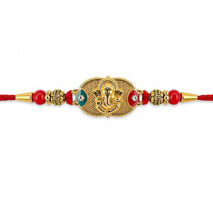 Golden Lord Ganesha Oval Rakhi with Red & Blue Beads for Brother
