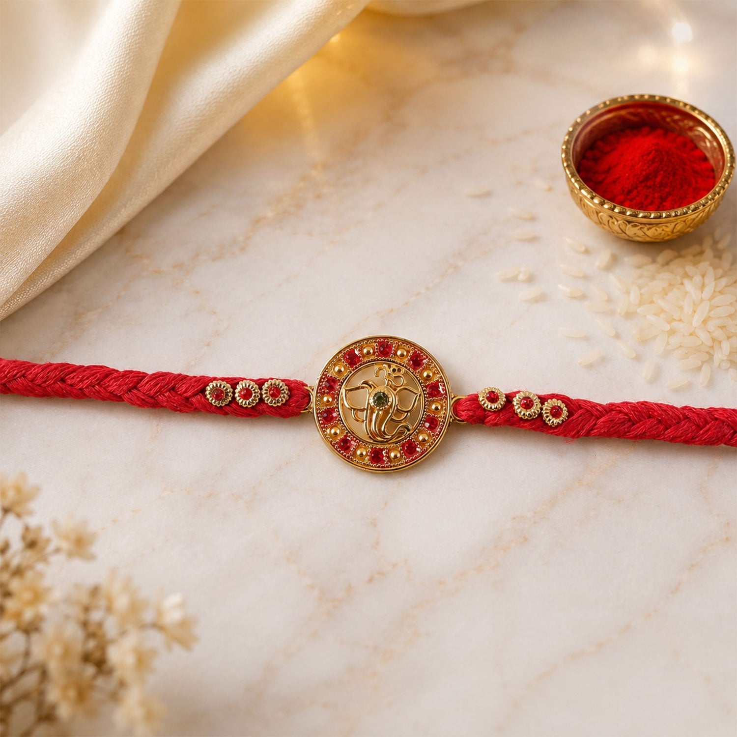 Elegant Golden Ganesha Round Rakhi with Red Crystal Bead for Brother