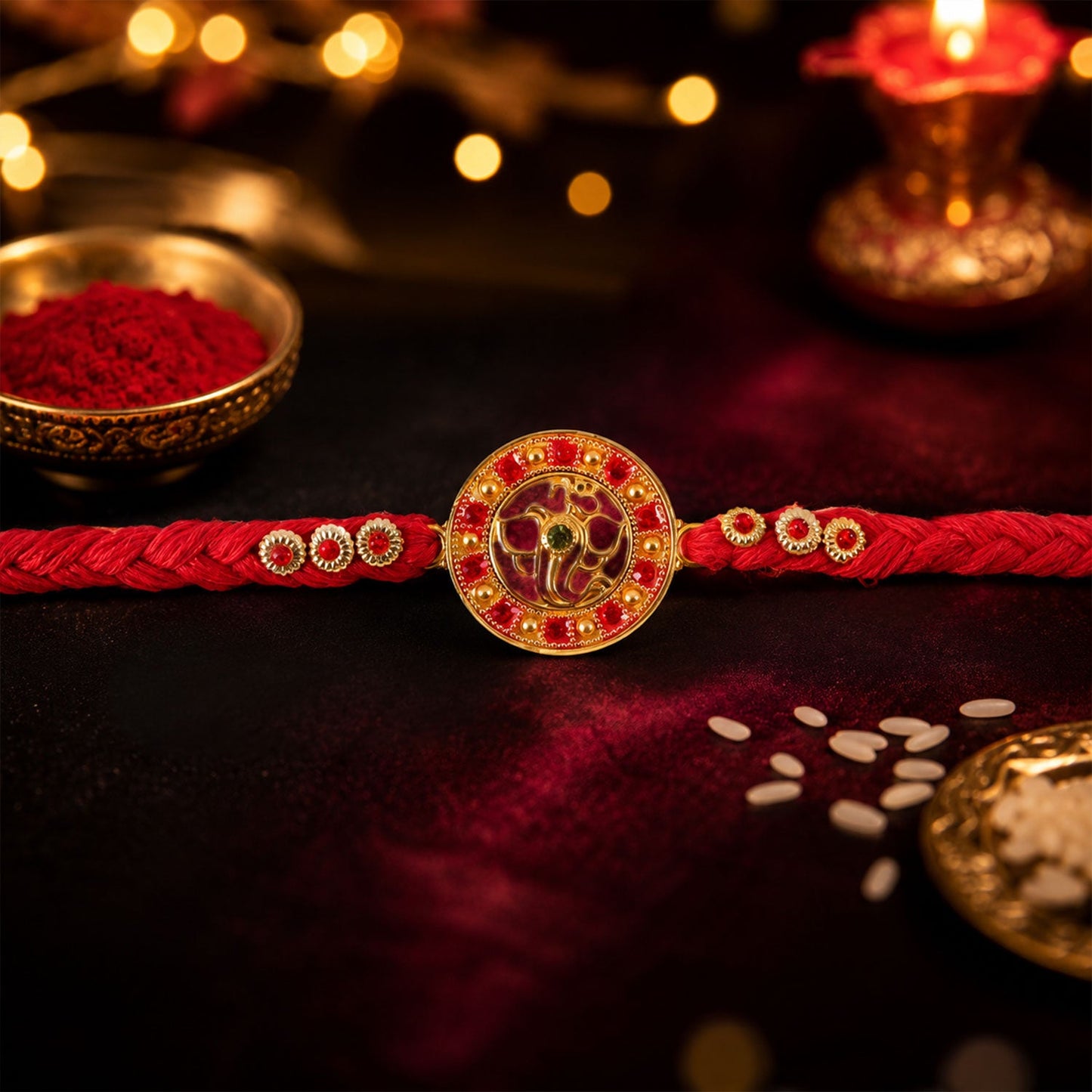 Elegant Golden Ganesha Round Rakhi with Red Crystal Bead for Brother
