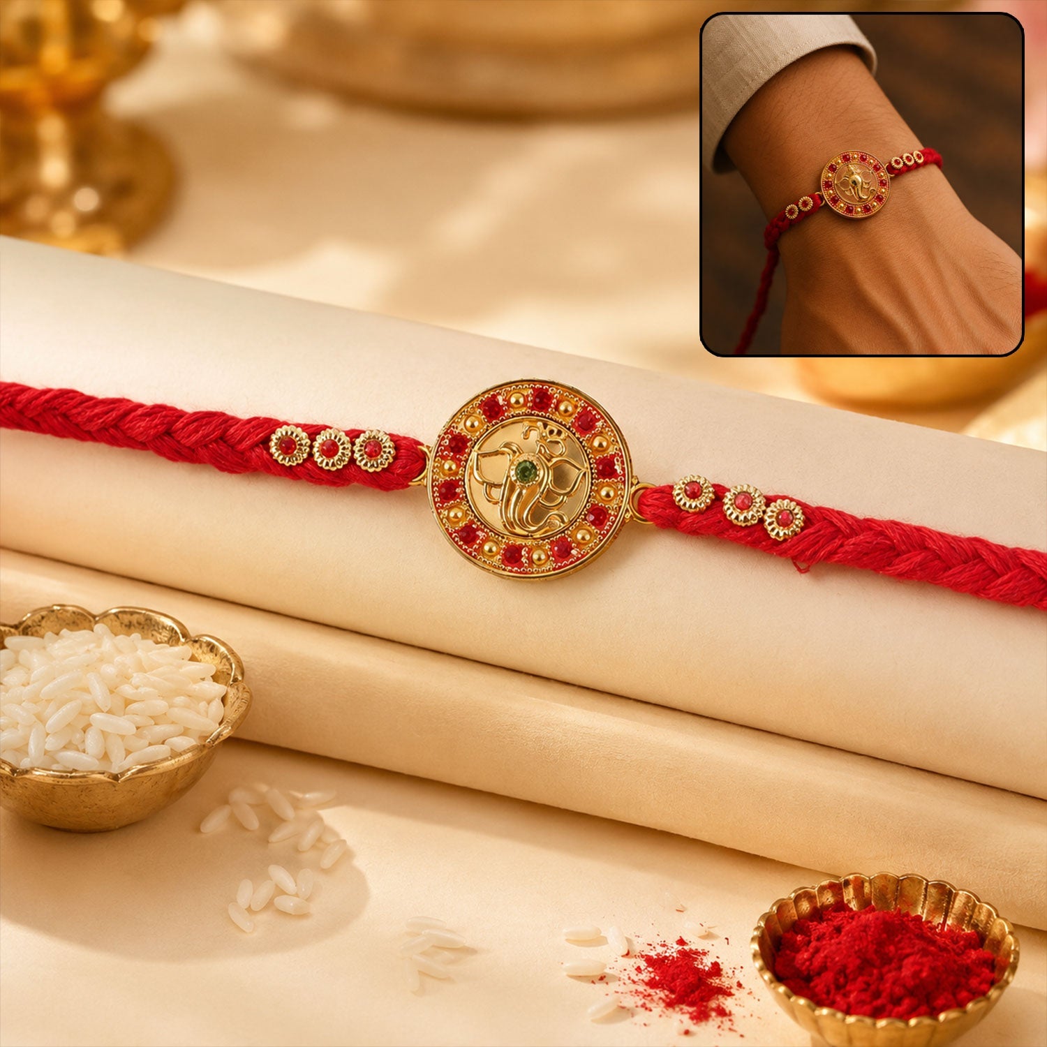 Elegant Golden Ganesha Round Rakhi with Red Crystal Bead for Brother