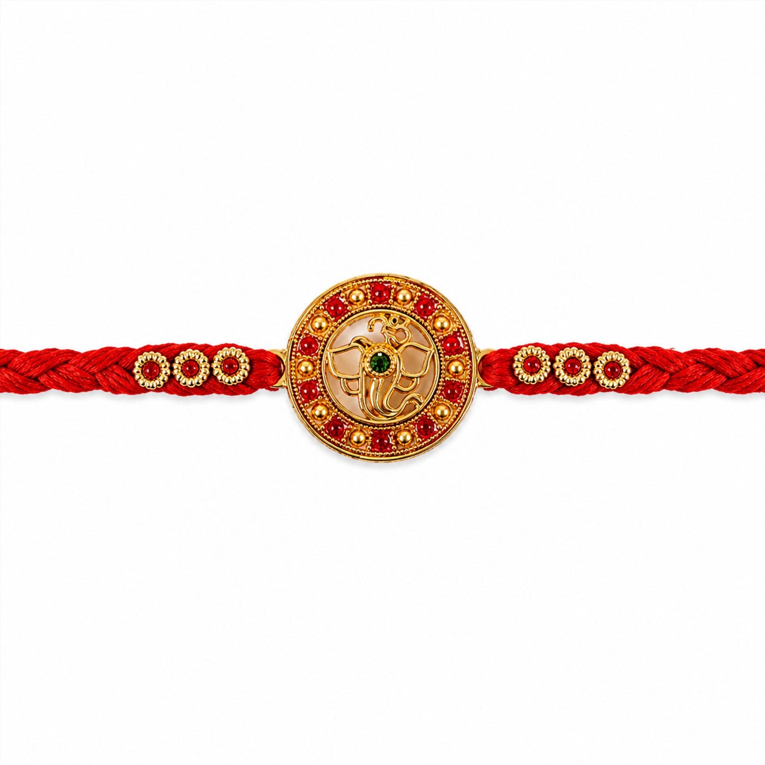 Elegant Golden Ganesha Round Rakhi with Red Crystal Bead for Brother