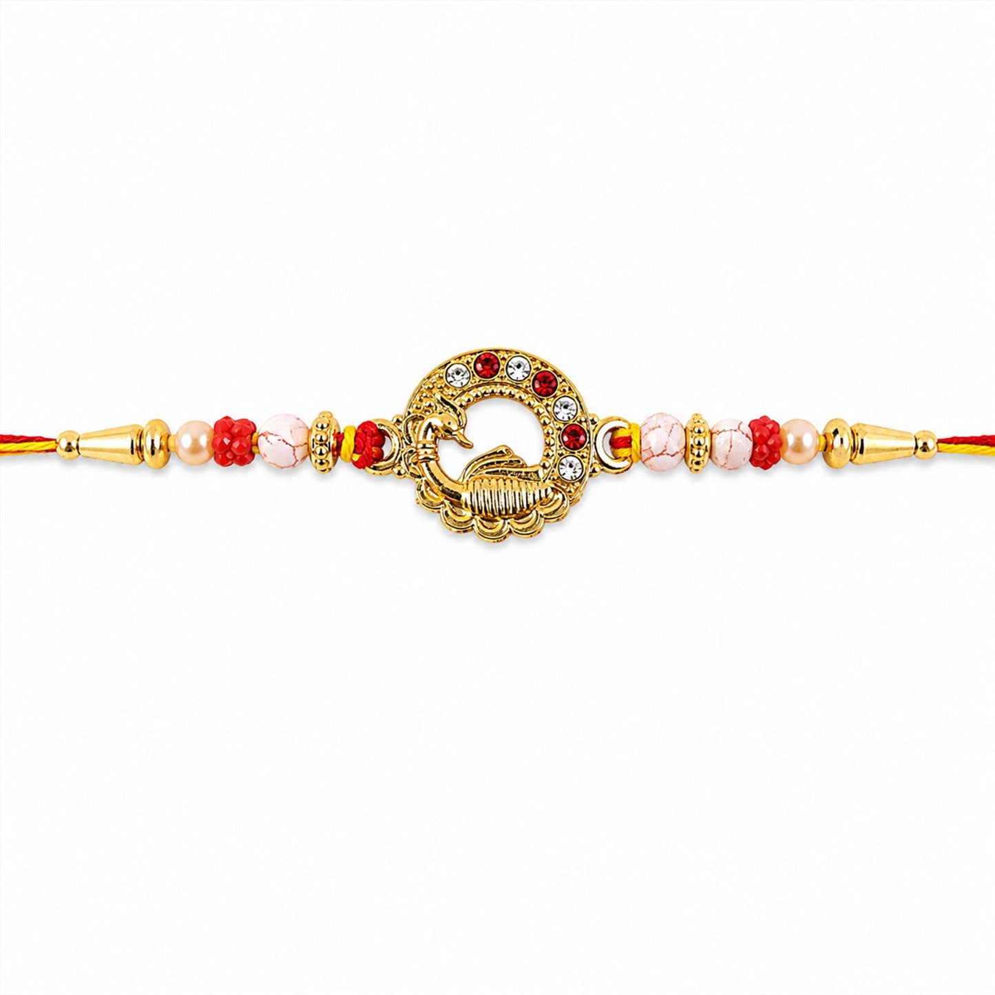 Antique Golden Peacock Round Rakhi with Pearl & Red Beads for Brother