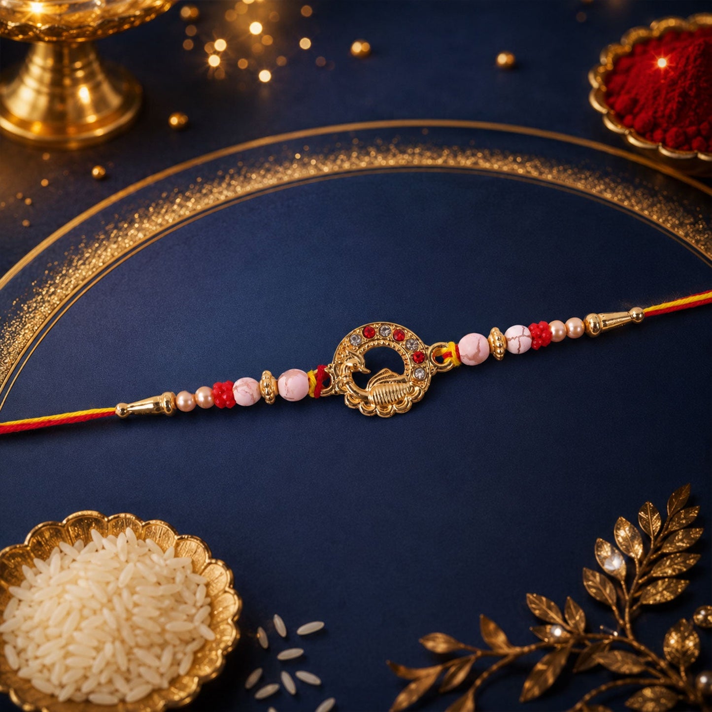 Antique Golden Peacock Round Rakhi with Pearl & Red Beads for Brother