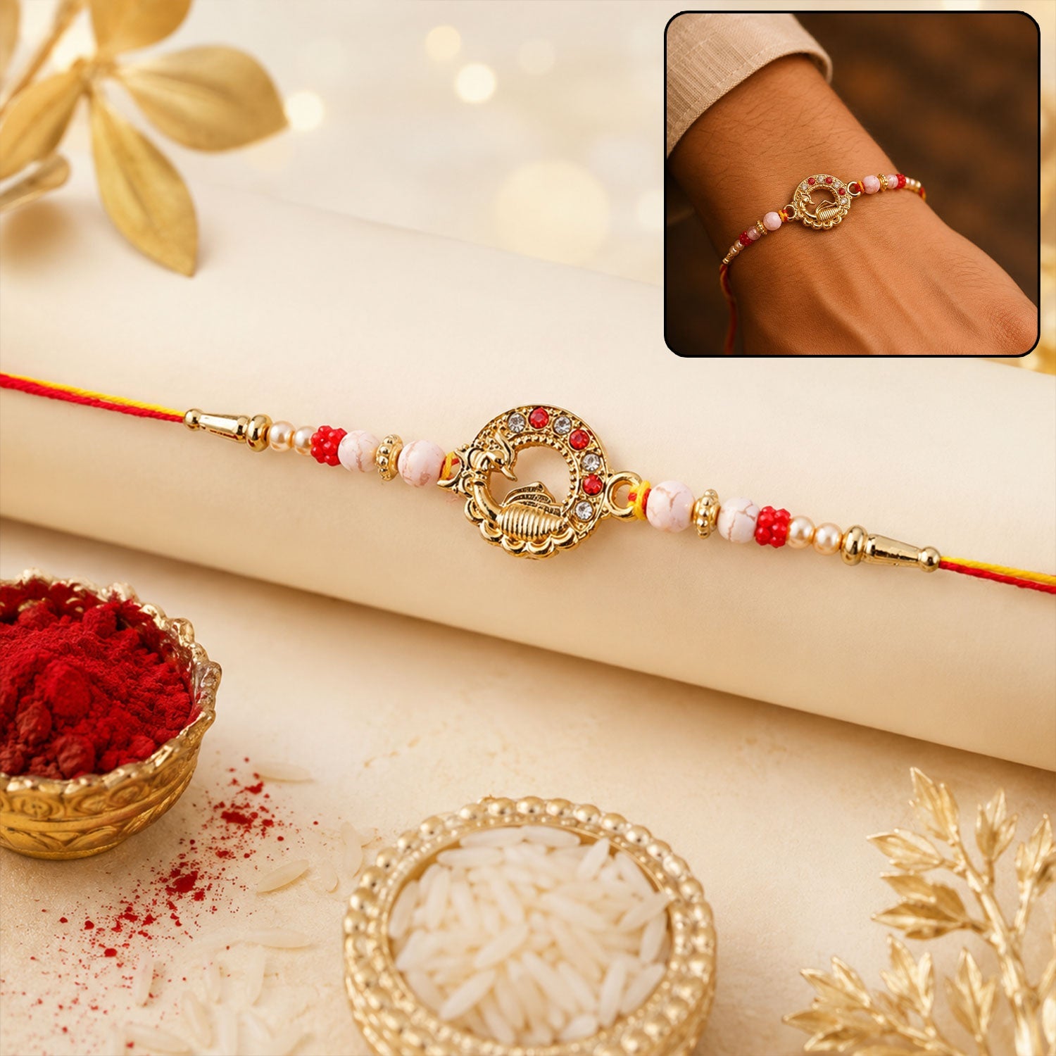 Antique Golden Peacock Round Rakhi with Pearl & Red Beads for Brother