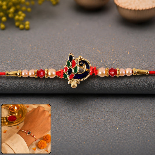 Blue Meenakari Peacock Rakhi with Pearl & Crystal Beads for Brother
