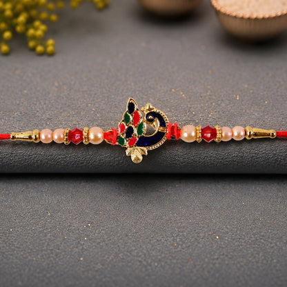 Blue Meenakari Peacock Rakhi with Pearl & Crystal Beads for Brother