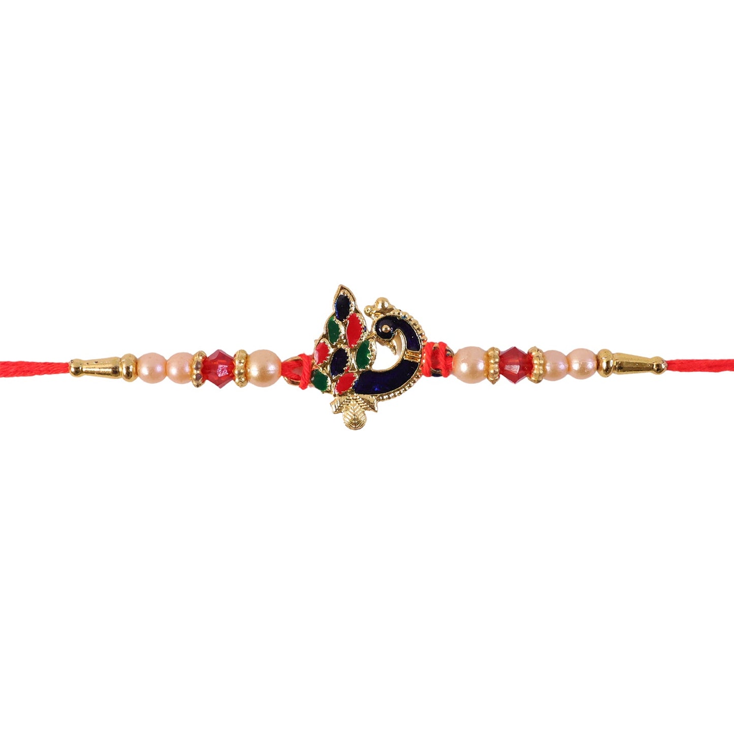 Blue Meenakari Peacock Rakhi with Pearl & Crystal Beads for Brother