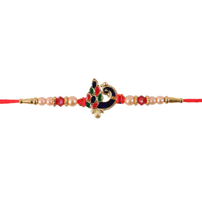 Blue Meenakari Peacock Rakhi with Pearl & Crystal Beads for Brother