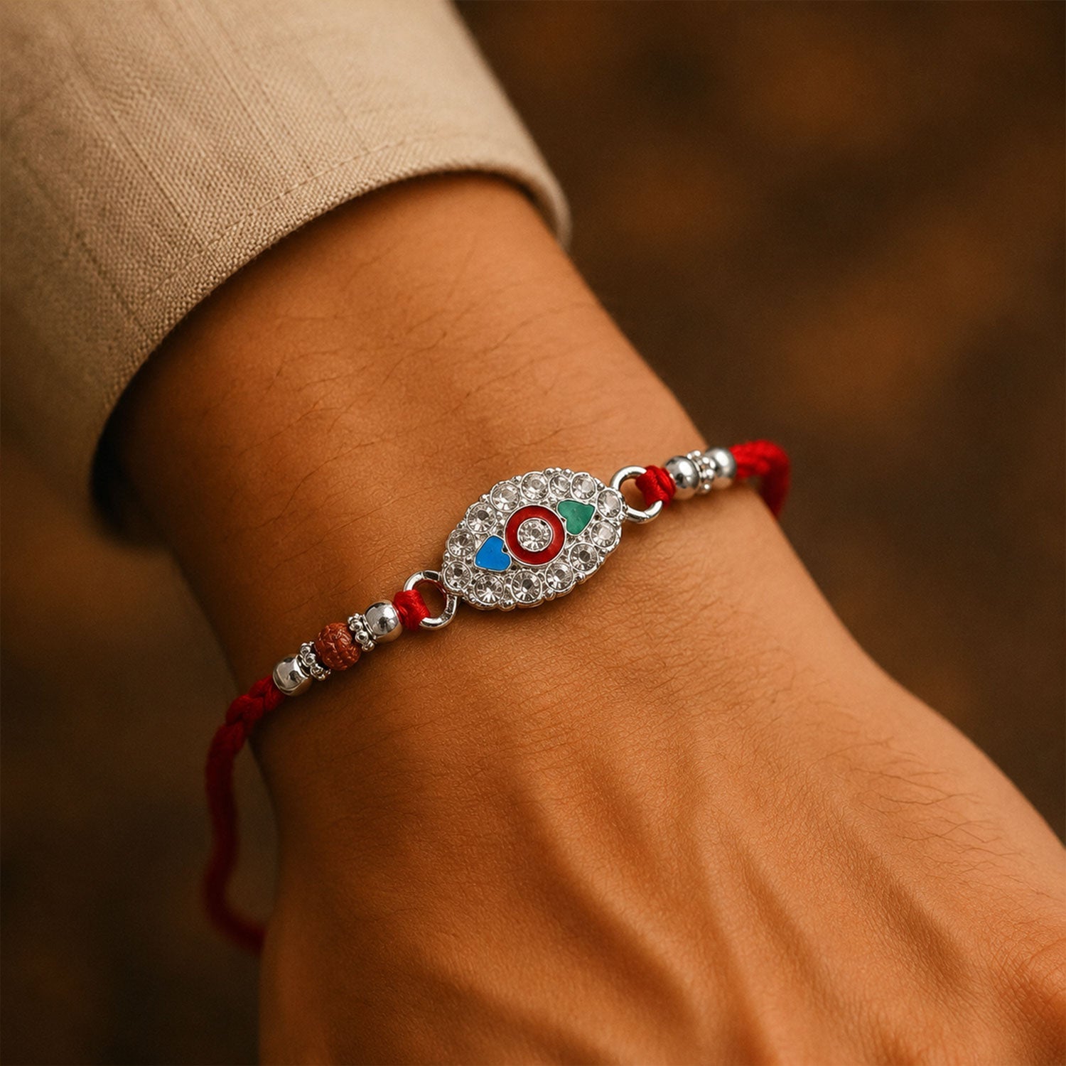 Silver Stone Design Rakhi with Beads for Brother