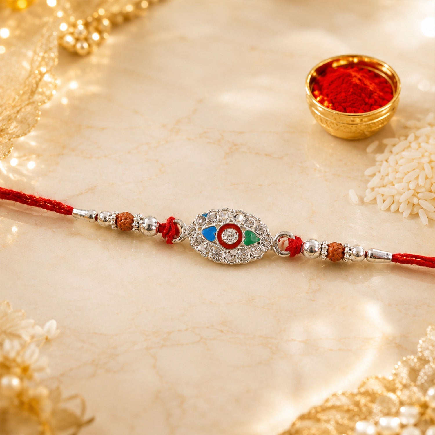Silver Stone Design Rakhi with Beads for Brother
