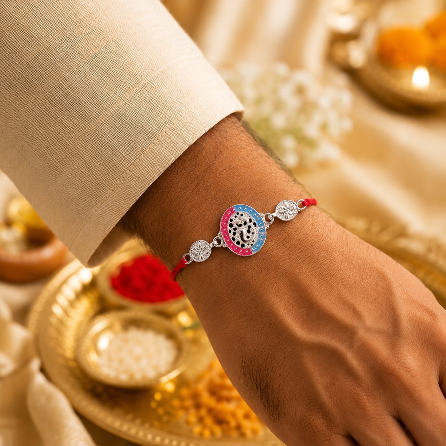 Silver Meenakari Rakhi with Pink & Blue Enamel for Brother