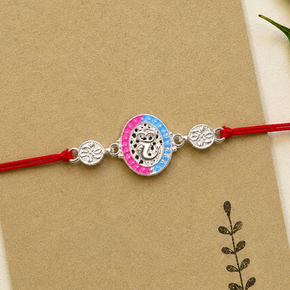 Silver Meenakari Rakhi with Pink & Blue Enamel for Brother