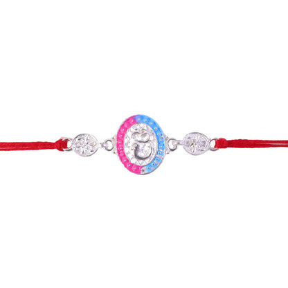 Silver Meenakari Rakhi with Pink & Blue Enamel for Brother