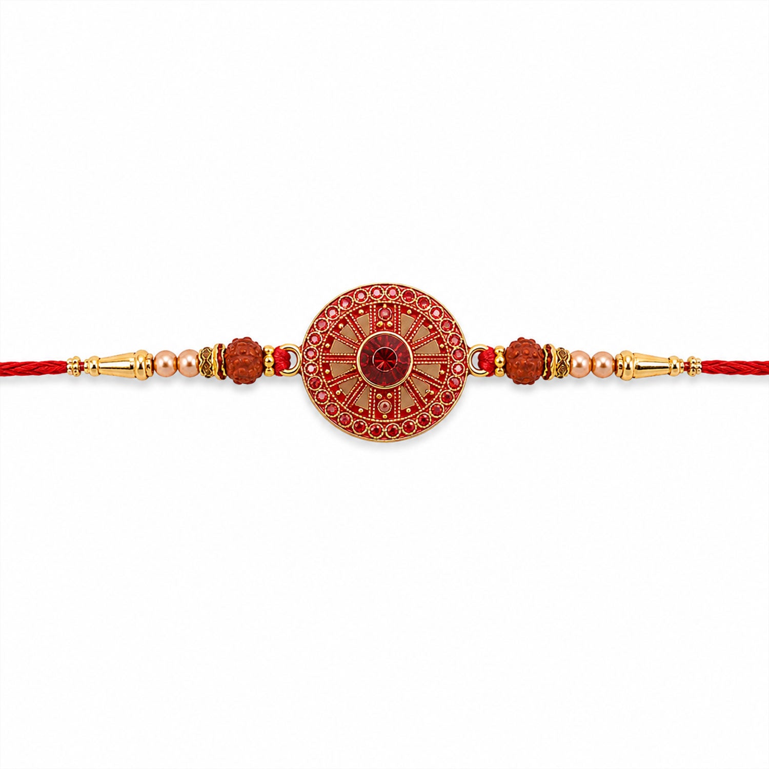 Red Crystal Floral Rakhi with Rudraksha & Pearl Beads for Brother