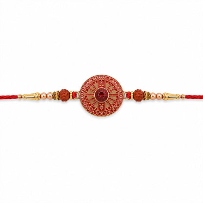 Red Crystal Floral Rakhi with Rudraksha & Pearl Beads for Brother