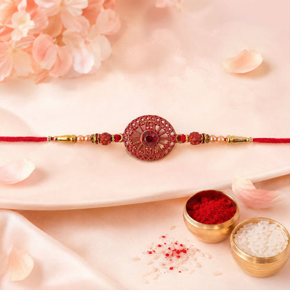 Red Crystal Floral Rakhi with Rudraksha & Pearl Beads for Brother