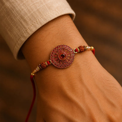 Red Crystal Floral Rakhi with Rudraksha & Pearl Beads for Brother