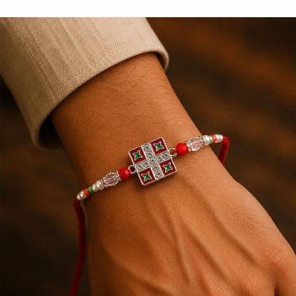 Silver Square Meenakari Rakhi with Crystal & Pearl Beads for Brother