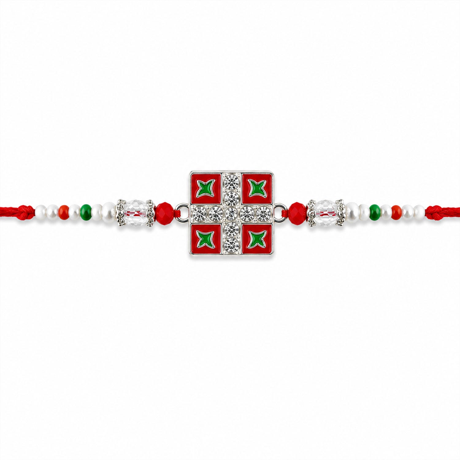 Silver Square Meenakari Rakhi with Crystal & Pearl Beads for Brother