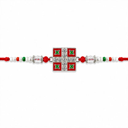 Silver Square Meenakari Rakhi with Crystal & Pearl Beads for Brother