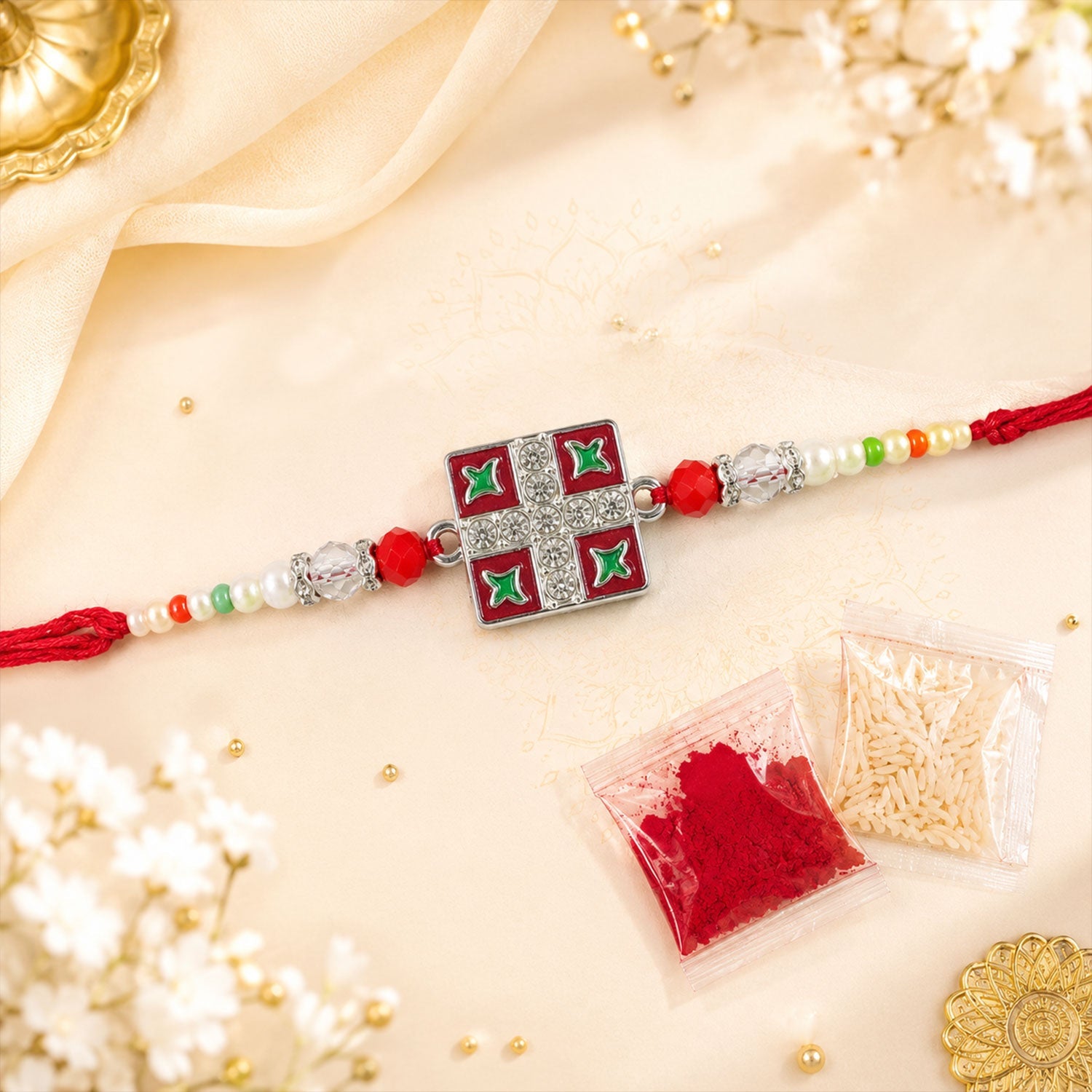 Silver Square Meenakari Rakhi with Crystal & Pearl Beads for Brother