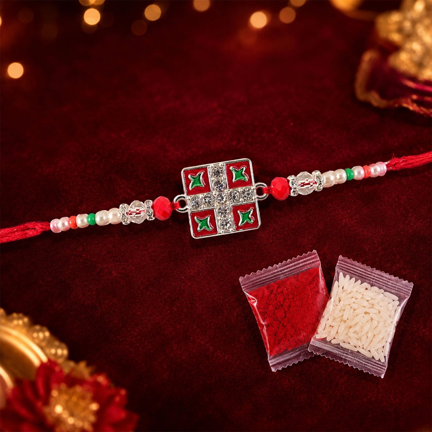 Silver Square Meenakari Rakhi with Crystal & Pearl Beads for Brother