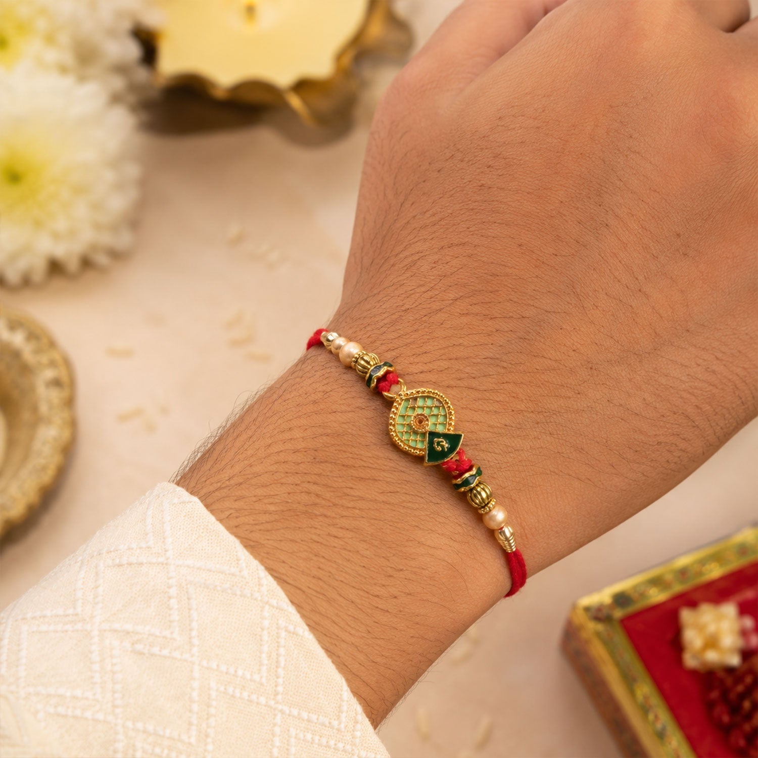 Green Meenakari Bhaiya Bhabhi Rakhi Set with Pearl Beads