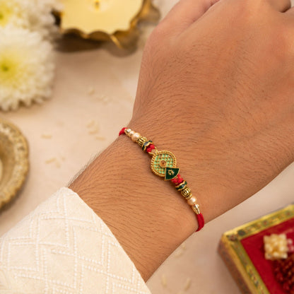 Green Meenakari Bhaiya Bhabhi Rakhi Set with Pearl Beads