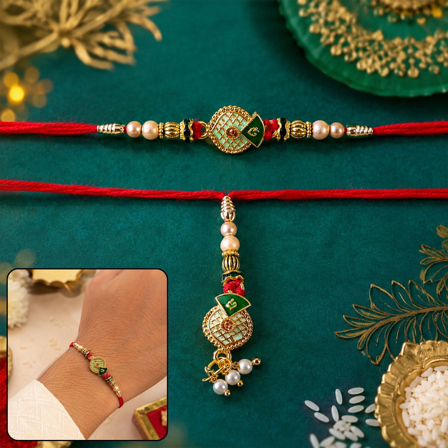 Green Meenakari Bhaiya Bhabhi Rakhi Set with Pearl Beads