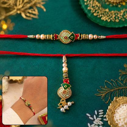 Green Meenakari Bhaiya Bhabhi Rakhi Set with Pearl Beads